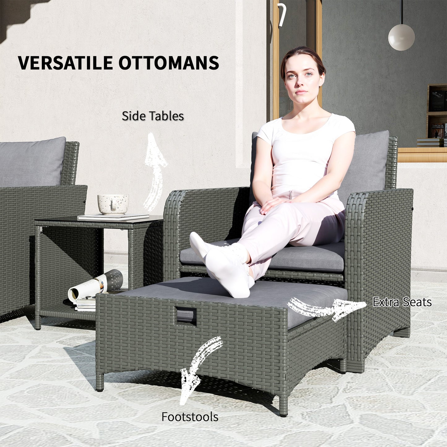 Zestaw mebli ogrodowych Outsunny Five Piece Rattan z 2-poziomowym stolikiem kawowym i pufami - szary