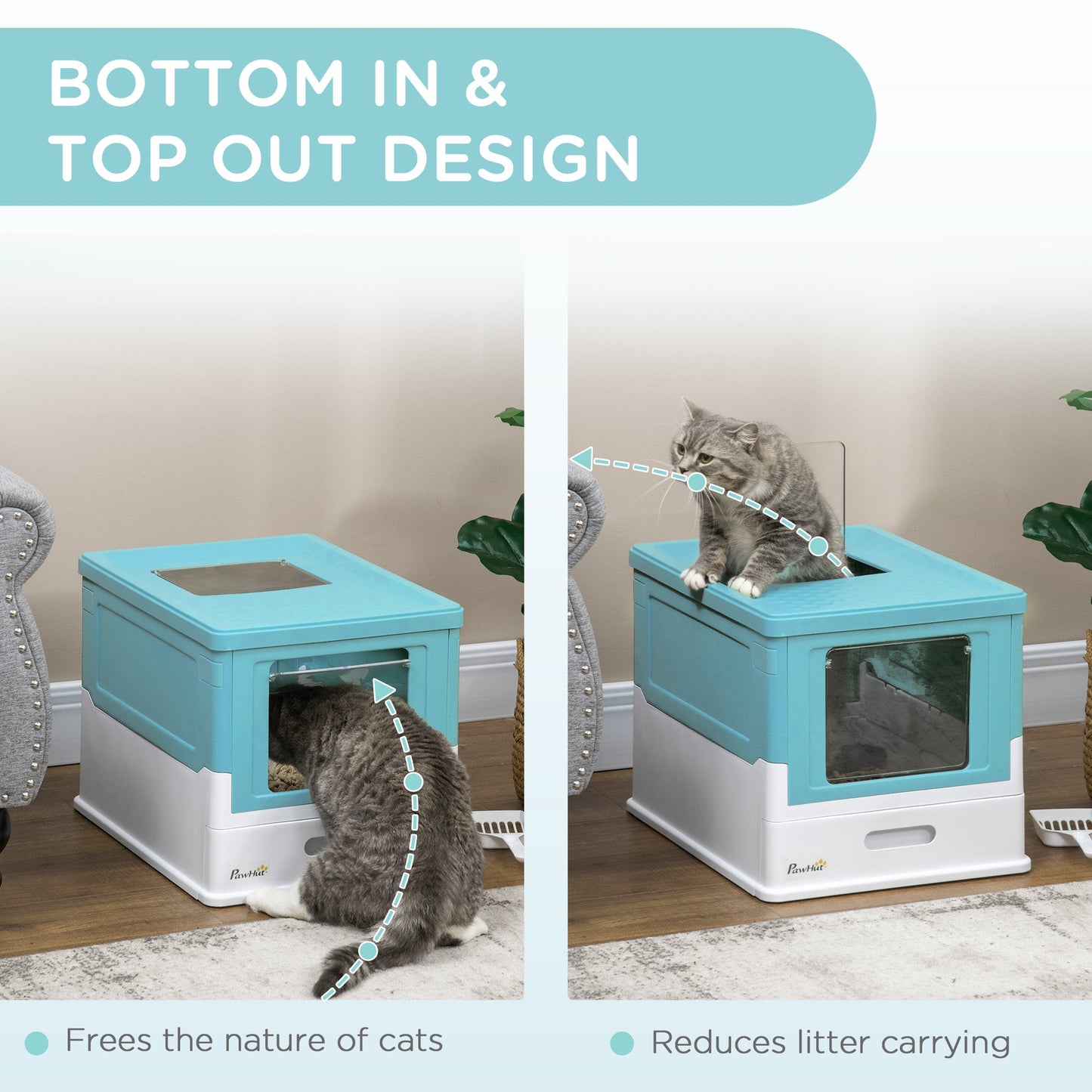 PawHut Hooded Cat Litter Box, Portable Pet Toilet, with Scoop, Front Entry - Light Blue