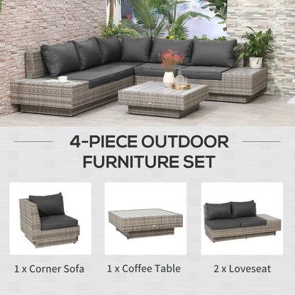 Outsunny 4 PCs Rattan Garden Furniture Outdoor Sectional Corner Sofa and Coffee Table Set Conservatory Wicker Weave Furniture with Armrest and Cushions - Light Grey