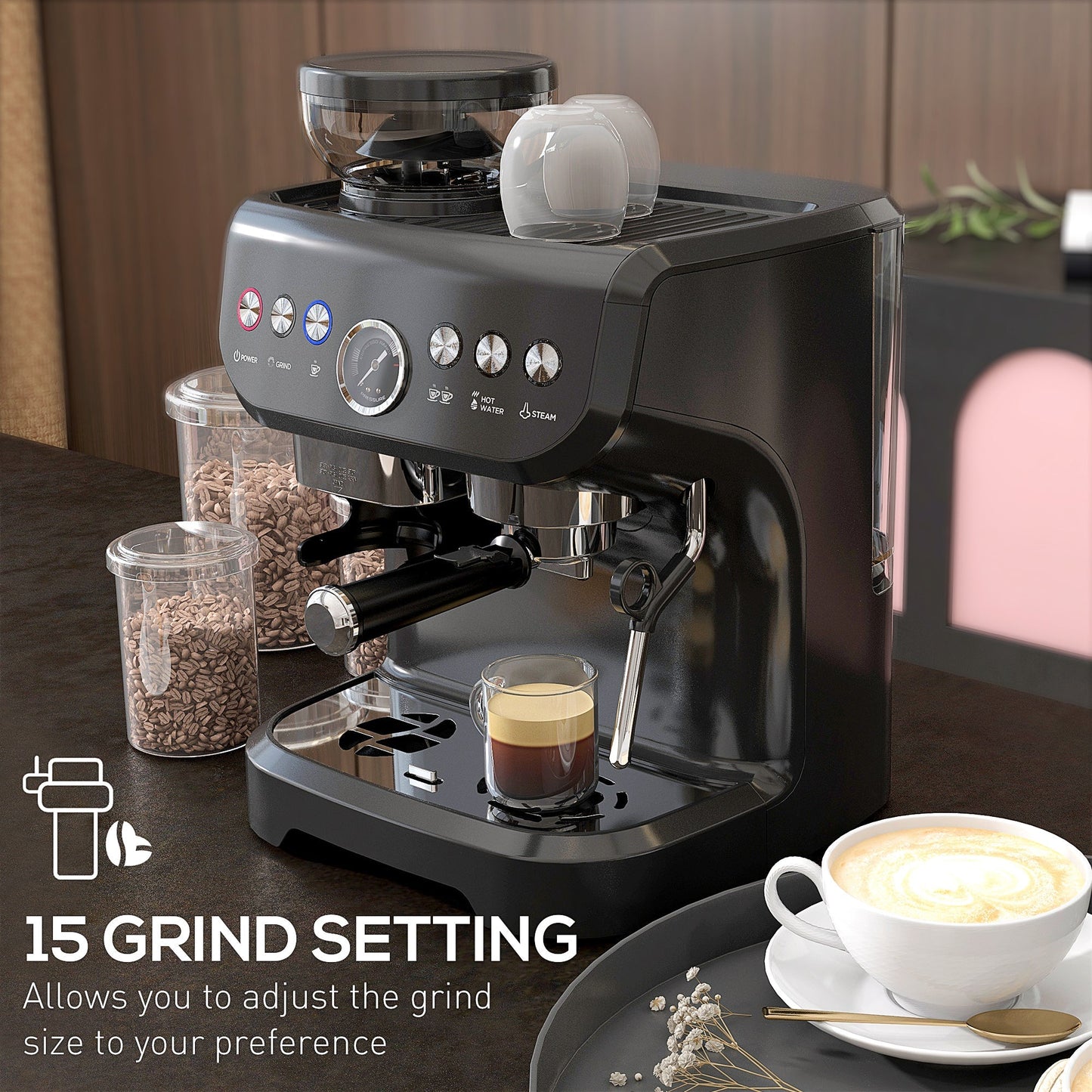 15 Bar Coffee Machine, with Adjustable Grind, Steamer and Accessories - HOMCOM