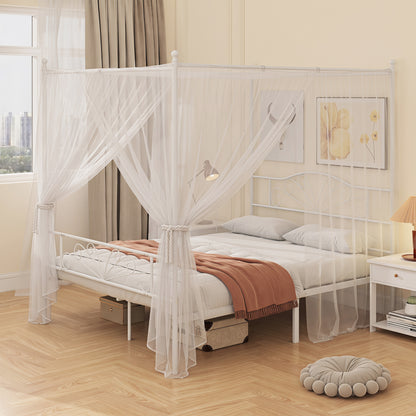 HOMCOM Canopy Bed Frame King Size, Metal Platform Bed Frame with Headboard and Footboard, Underbed Storage, White