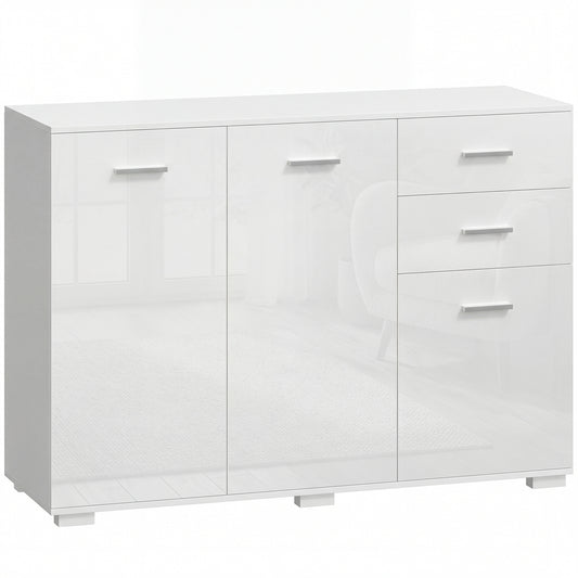 HOMCOM Sideboard, Modern Storage Cabinet with 2 Drawers, 3 Doors and Adjustable Shelves, High Gloss White
