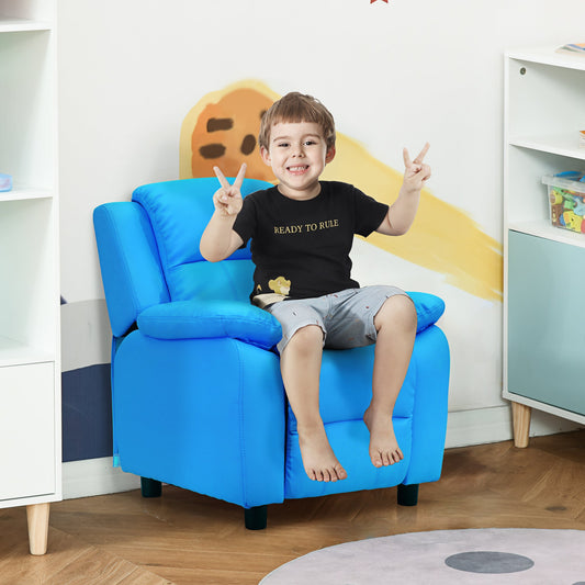 HOMCOM Kids dziecięcy fotel wypoczynkowy fotel do gier sofa siedzisko ze skóry PU wygląd z miejscem do przechowywania na podłokietnikach (niebieski)