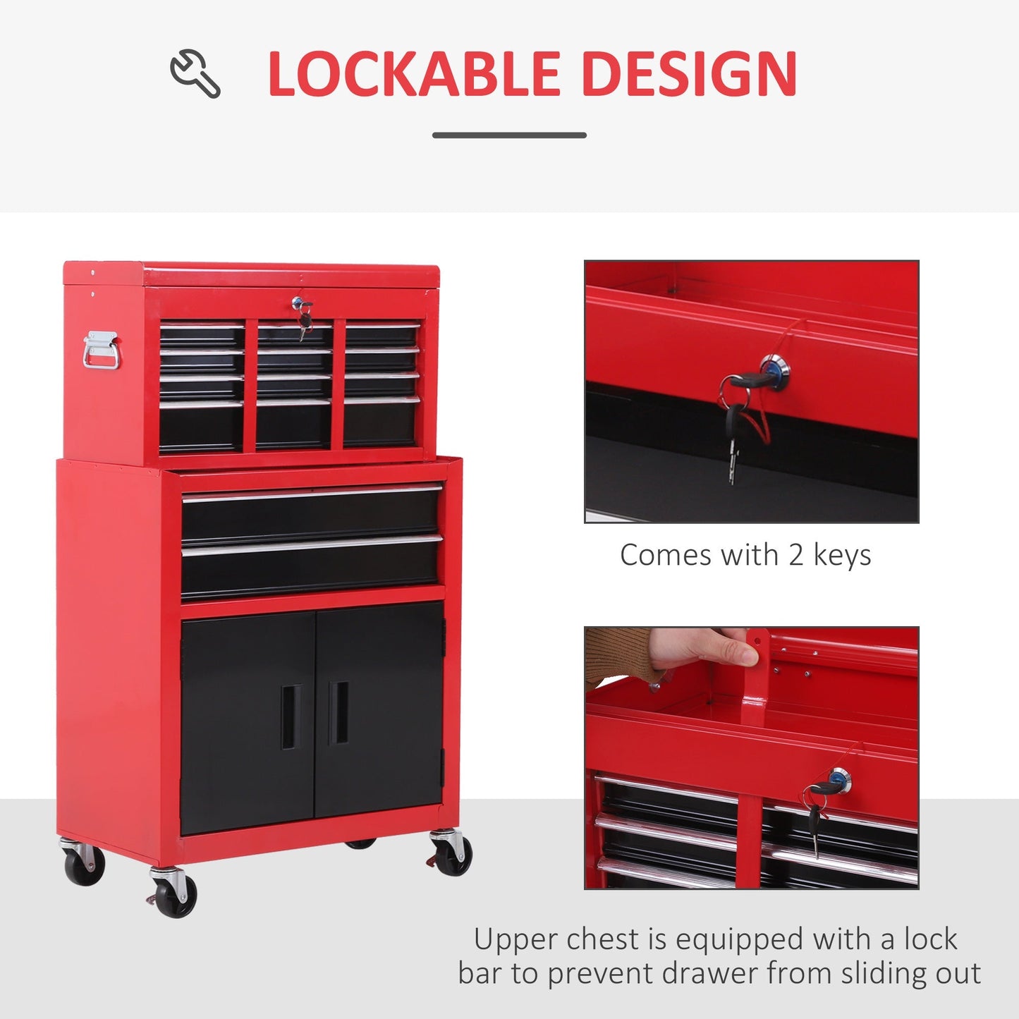 Tool Chest, Metal Tool Cabinet on Wheels with 6 Drawers, Pegboard, Top Chest and Roller Cabinet Combo, 61.6 x 33 x 108cm, Red