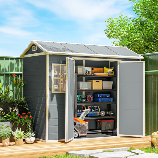 Outsunny 8 x 4 ft Resin Garden Shed, Wood-Effect Outdoor Storage Shed with Floor, Windows, Lockable Doors and Vents, Light Grey