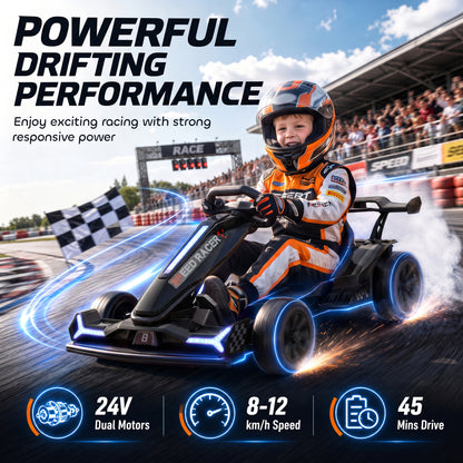 AIYAPLAY 24V Electric Go Kart for Kids 6-12 Years with Drift Mode, Adjustable Seat, 3 Speed, Slow Start, Black