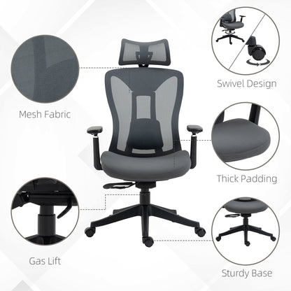 Vinsetto Mesh Office Chair, Ergonomic Desk Chair, Computer Chair with Adjustable Headrest and Lumbar Support, 135¡ Reclining Back and 3D Armrest for Home Office Study, Grey