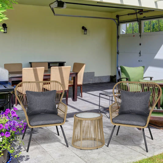 Outsunny 3-częściowy zestaw bistro z rattanu, zestaw mebli ogrodowych z wikliny z poduszkami, szklanym blatem stolika kawowego i krzesłami na zewnątrz, patio, balkon, brązowy