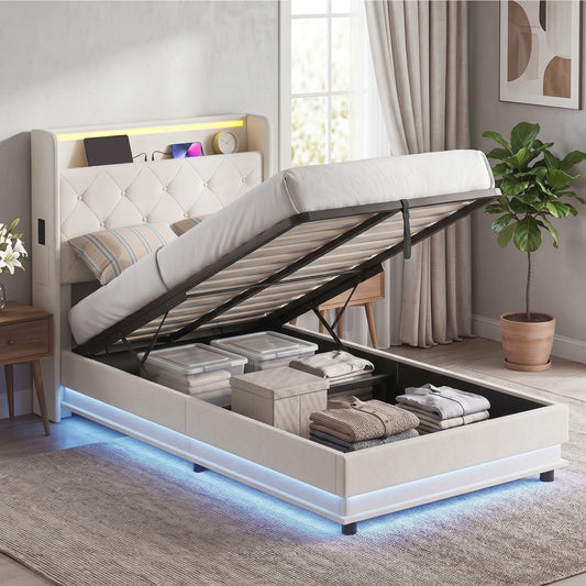 HOMCOM 3ft Single Bed Frame with Headboard, Platform Bed Frame with Hydraulic Storage, LED Lights and Charging Station, White