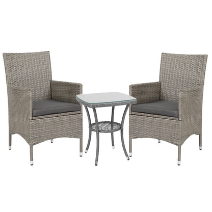 Outsunny 3 Pieces Rattan Bistro Set, Wicker Garden Furniture Set with 2-Tier Coffee Table and Chairs, Washable Cushions, for Outdoor Patio Balcony, Grey