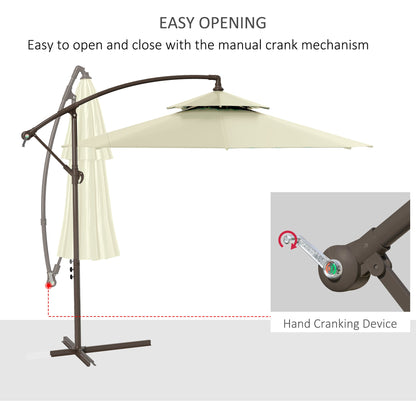 Outsunny 2.7m Garden Banana Parasol Cantilever Umbrella with Crank Handle, Double Tier Canopy and Cross Base for Outdoor, Hanging Sun Shade, Beige