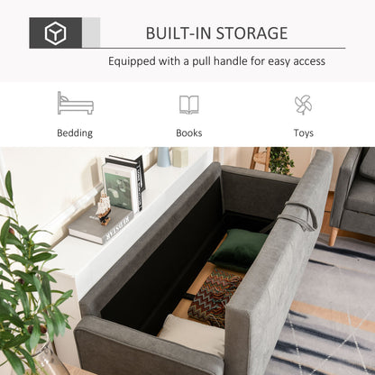 HOMCOM Nowoczesna 3-osobowa sofa z ukrytym schowkiem, 169 cm pikowana bawełniana kanapa z drewnianymi nogami, kompaktowa sofa do salonu, szara