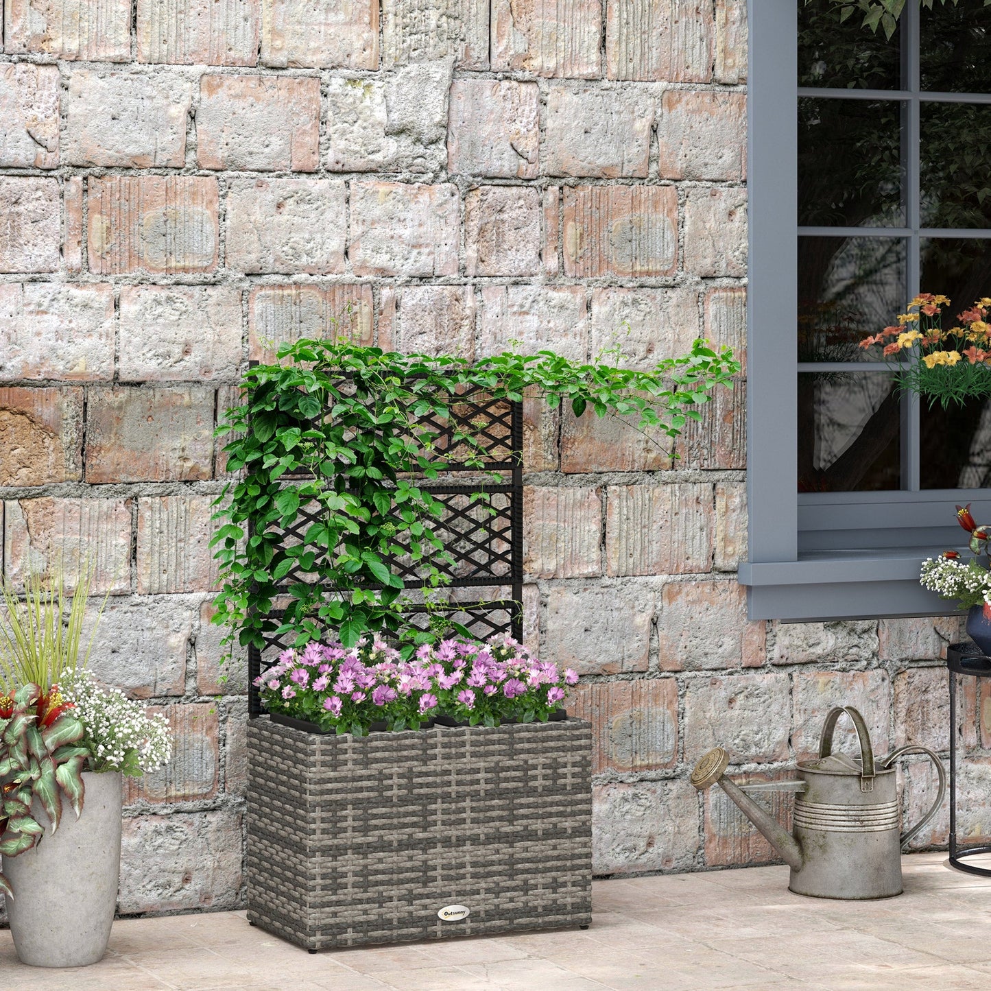 22L Garden PE Rattan Planter With Trellis Free Standing Flower Raised Bed With Two Plant Boxes Garden Planter For Climbing Plants - Mixed Grey