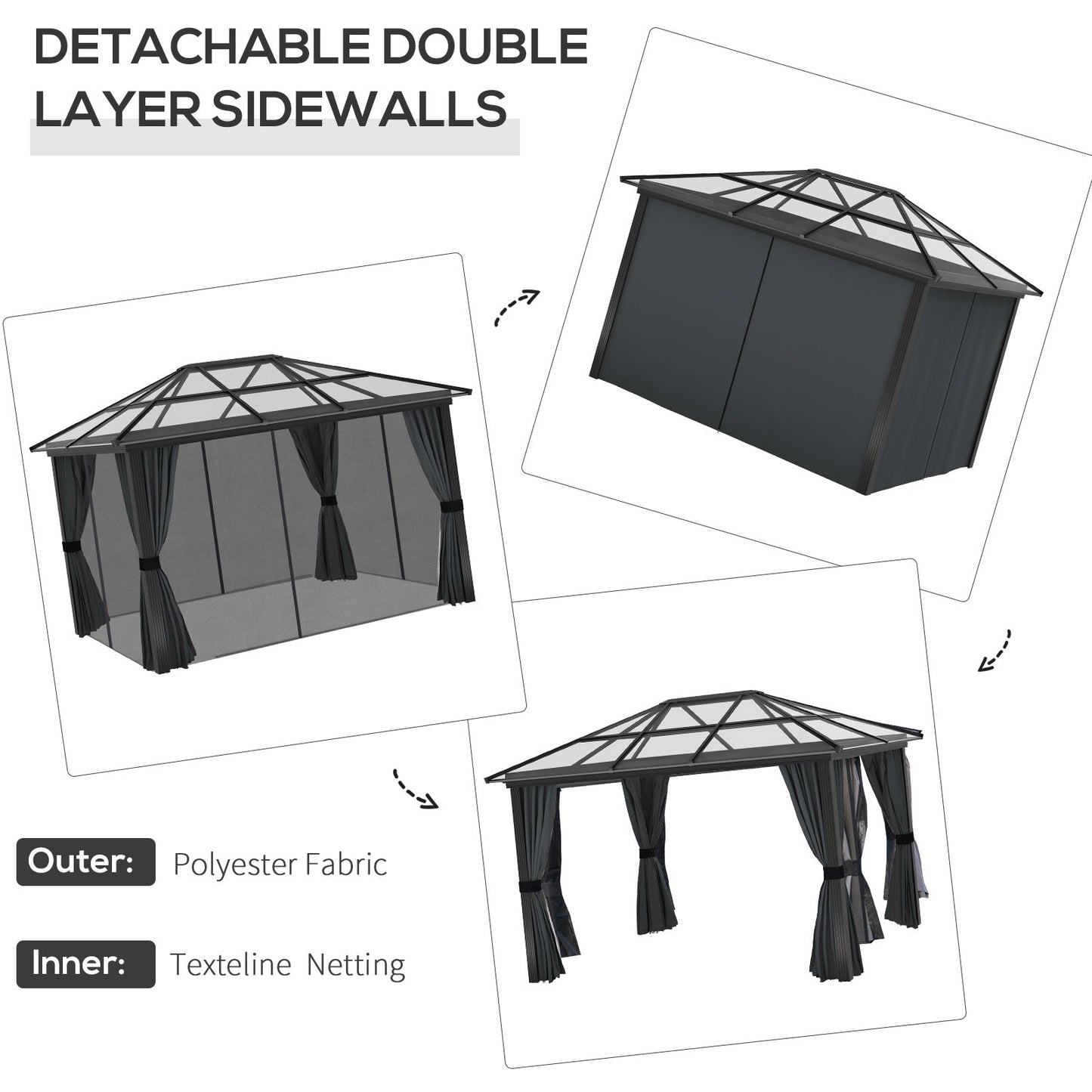 Outsunny 3 x 3.6m Hardtop Gazebo Canopy with Polycarbonate Roof, Aluminium Frame, Permanent Pavilion Garden Gazebo with Netting and Curtains for Patio, Deck, Dark Grey