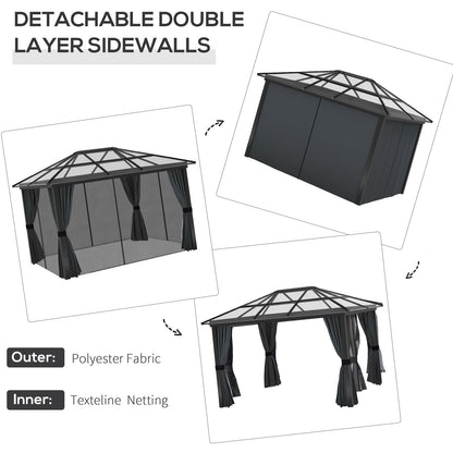 Outsunny 3 x 3.6m Hardtop Gazebo Canopy with Polycarbonate Roof, Aluminium Frame, Permanent Pavilion Garden Gazebo with Netting and Curtains for Patio, Deck, Dark Grey