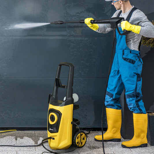 DURHAND 1800 W Myjka wysokociśnieniowa, ciśnienie 150 barów, przepływ 510 l/h, wysokowydajna przenośna myjka ciśnieniowa z wężem 6 m, butelka z pianką śnieżną do ogrodu, samochodu, mebli, żółta
