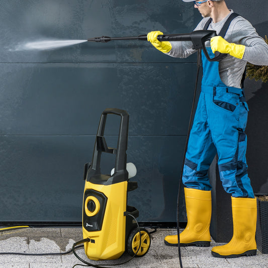 DURHAND 1800 W Myjka wysokociśnieniowa, ciśnienie 150 barów, przepływ 510 l/h, wysokowydajna przenośna myjka ciśnieniowa z wężem 6 m, butelka z pianką śnieżną do ogrodu, samochodu, mebli, żółta