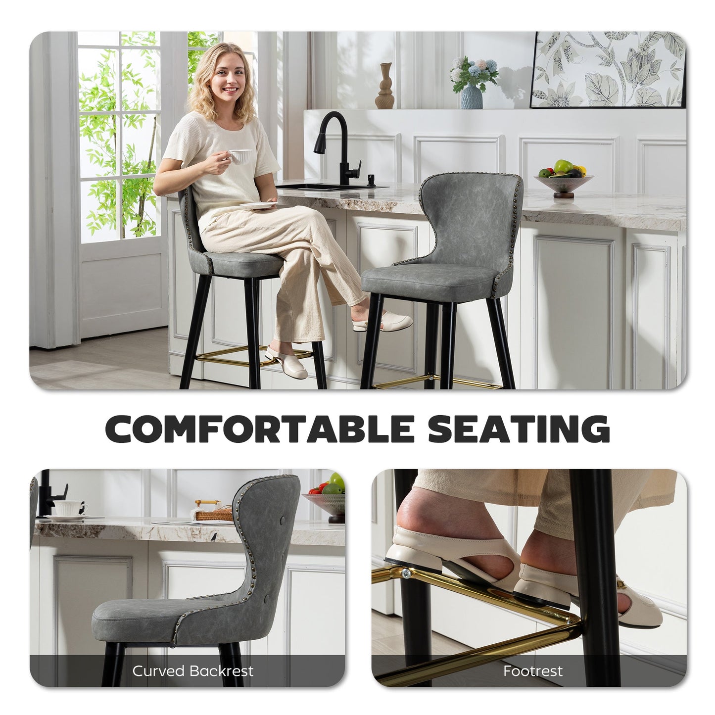 HOMCOM Bar Stools Set of 2, PU Leather Barstools with Back, Footrest and Wood Legs for Kitchen, Counter, Breakfast Bar, Grey