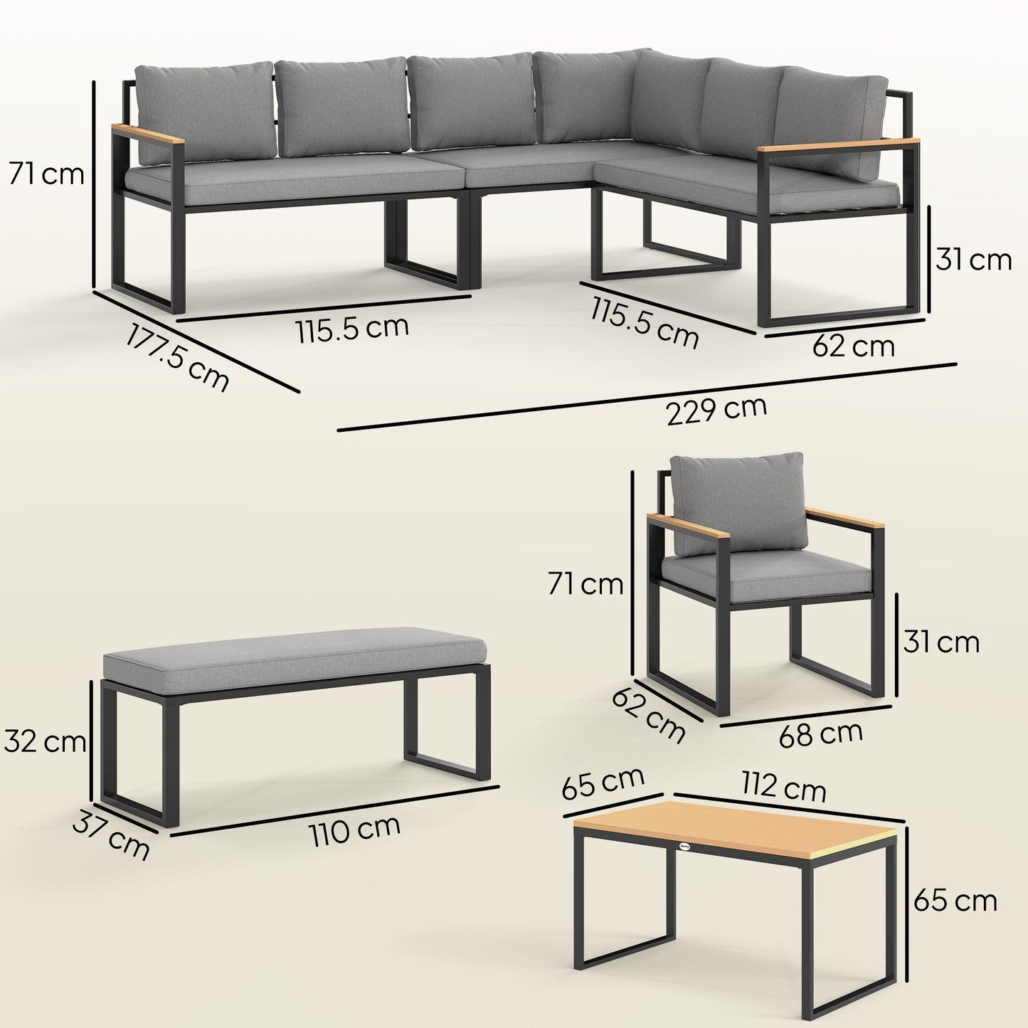 Outsunny Six Piece L Shaped Garden Furniture Set with 3 Loveseats - Natural Wood Finish