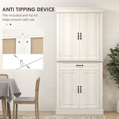 HOMCOM Kitchen Cupboard with 4 Doors, Freestanding Storage Cabinet with Wide Drawer and Shelves for Living Room, 180cm, White Wood Grain