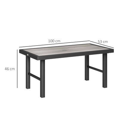 Outsunny Metal Garden Coffee Table, Outdoor Side Table with SPC Woodgrain Tabletop for Outside, Garden, Balcony, Porch, 100 x 53 x 46cm, Grey Wood Effect