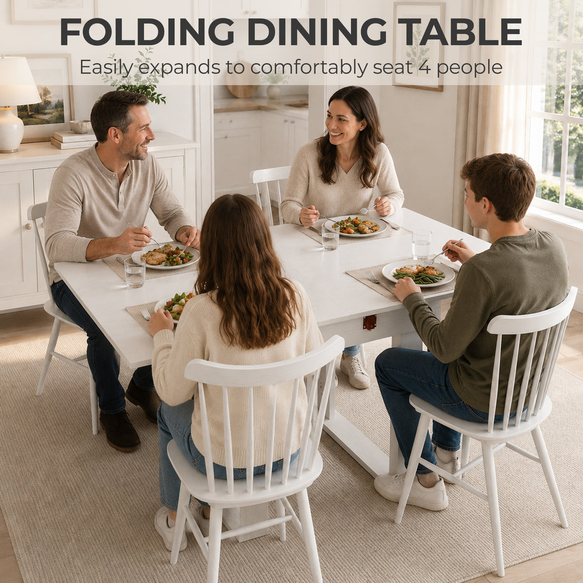 HOMCOM Folding Dining Table Under-Table Storage Extendable Kitchen Table Steel Rail White