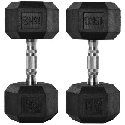 2x15kg Rubber Hex Dumbbell Portable Hand Weights Dumbbell Home Gym Workout Fitness Hand Dumbbell