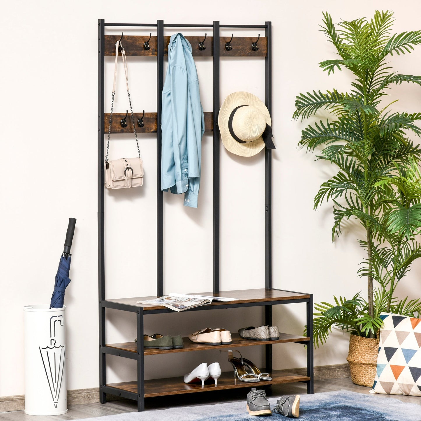 HOMCOM Coat Rack Stand, Free Standing Hall Tree, Coat Stand with Hooks, Bench and Shoe Rack, 100cm x 38.5cm x 185.5cm, Industrial Style, Rustic Brown and Black