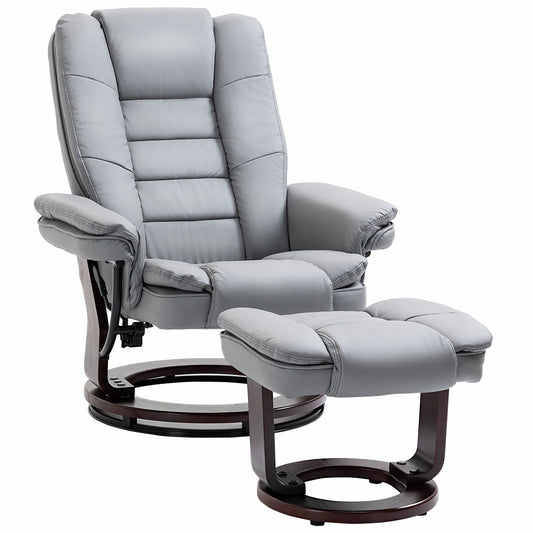 HOMCOM Recliner Chair With footstool, Recliner Armchair up to 130kg Weight Capacity, 135 Reclining Swivel Sofa Chair, PU Leather Ergonomic Couch Bed with Swivel Wood Base for Living Room, Grey
