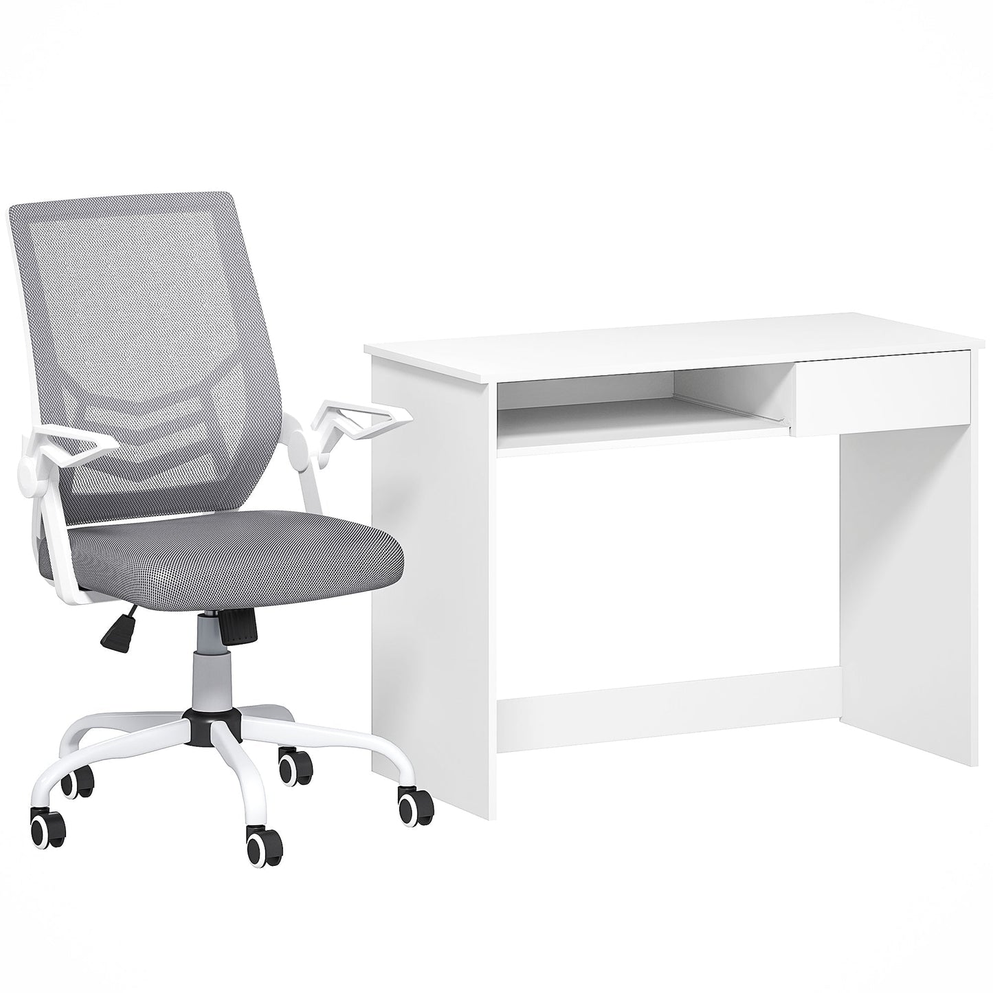 Vinsetto Home Office Chair and Computer Desk Set, Mesh Chair with with 90 Flip-up Armrest, Study Desk with Keyboard Tray and Drawer, White and Grey
