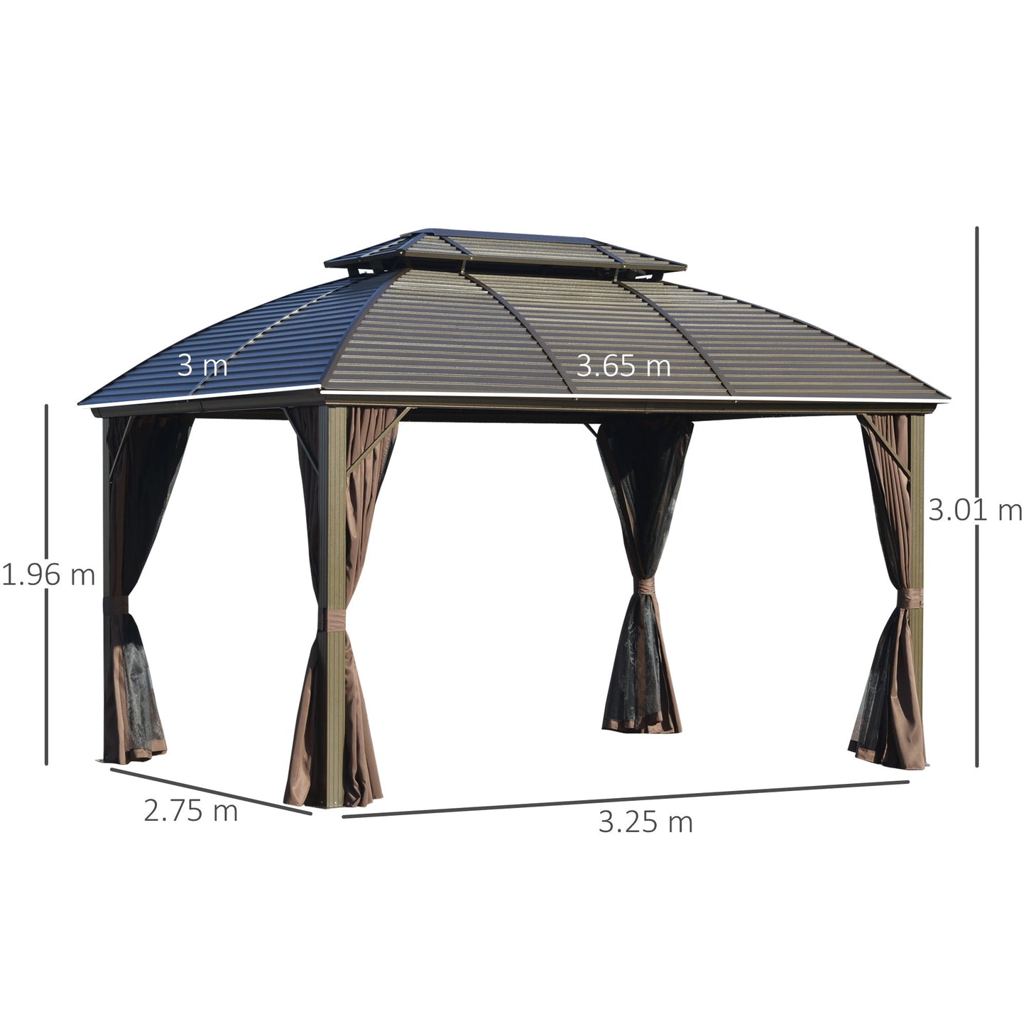 Outsunny 3.65 x 3(m) Hardtop Steel Gazebo Canopy for Patio Heavy Duty Outdoor Pavilion with Aluminium Alloy Frame, Double Roof, Net Sidewalls and Curtains, Brown