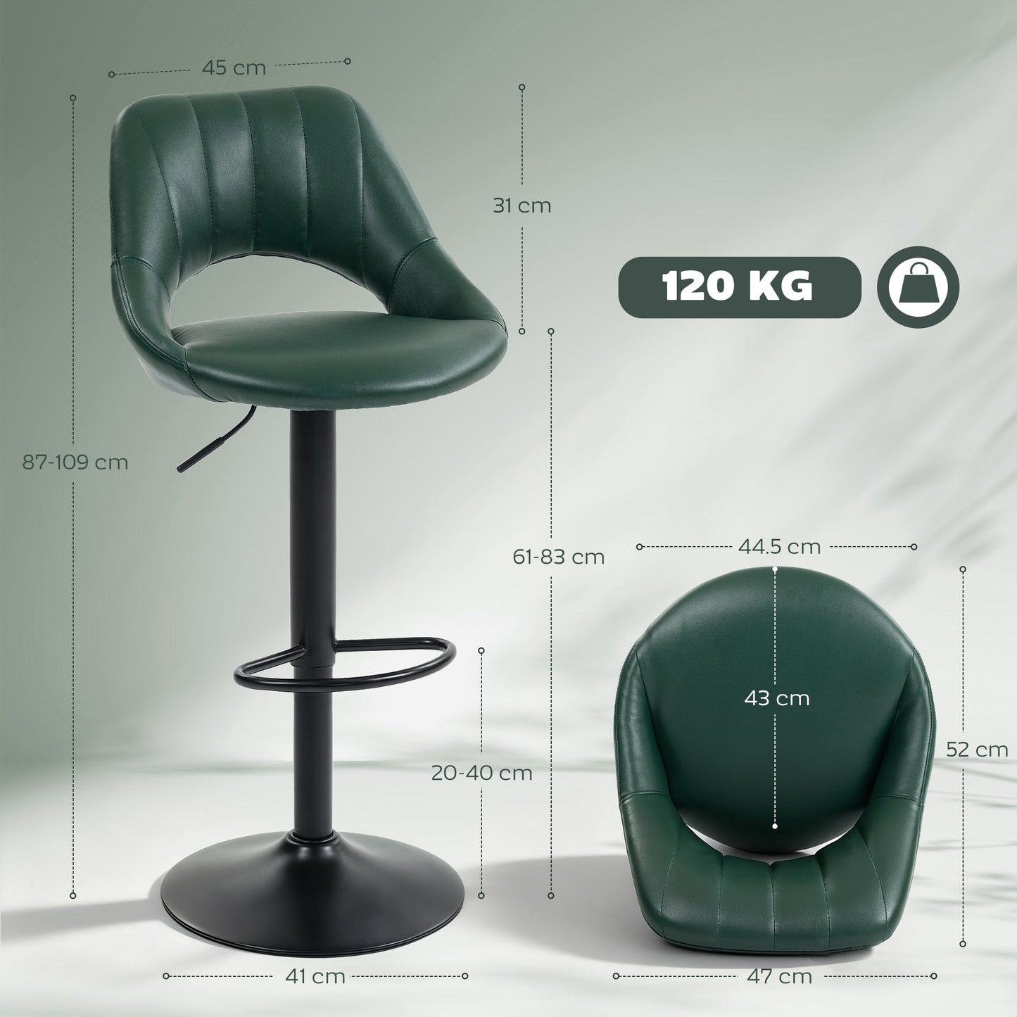 HOMCOM Set of Two Faux Leather Bar Stools - Dark Green