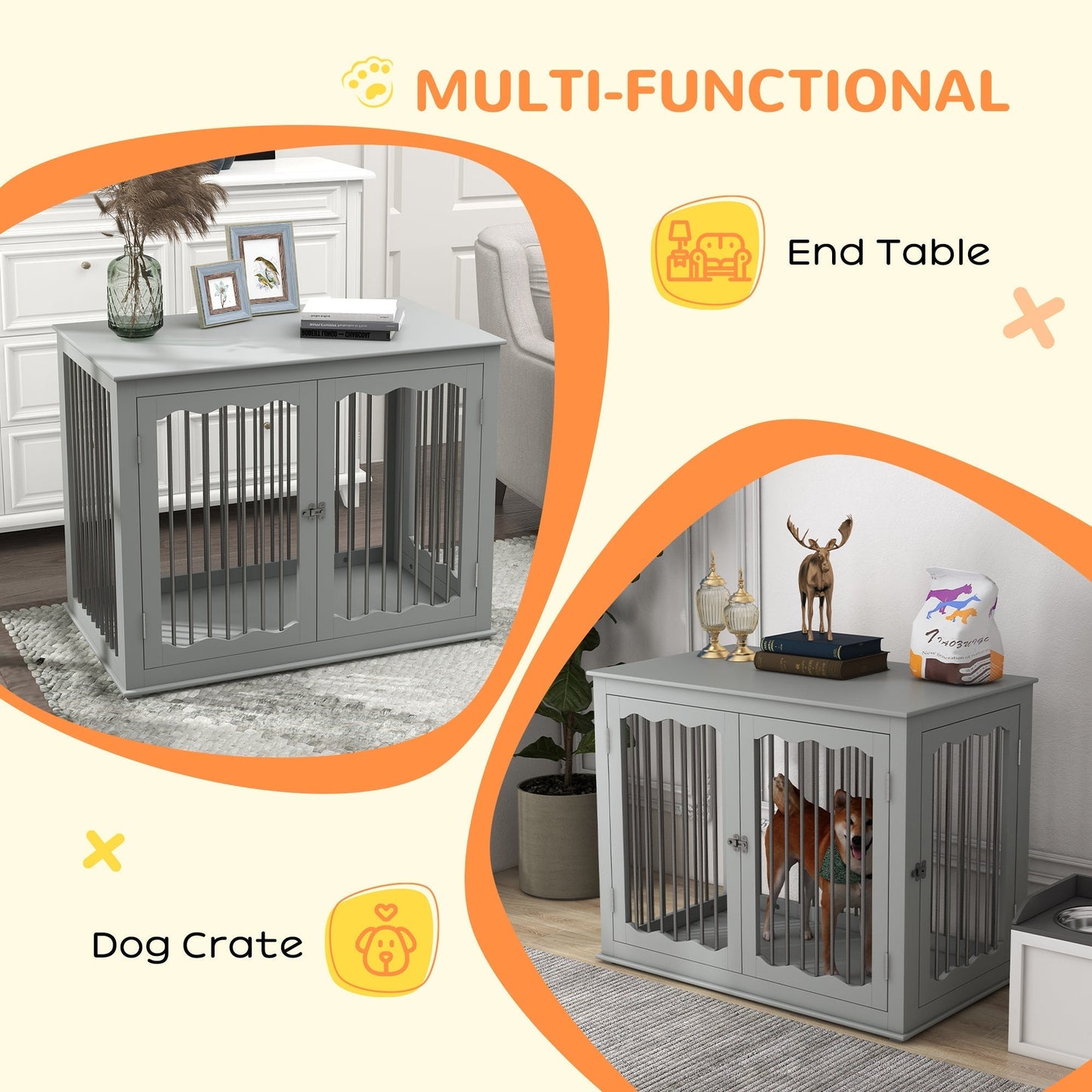 PawHut Dog Crate End Table w/ Three Doors, Furniture Style Dog Crate, for Big Dogs, Indoor Use w/ Locks and Latches - Grey