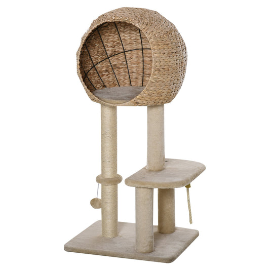 PawHut Cat tree Cat Tower 100cm Climbing Activity Center with Sisal Scratching Post Condo Perch Hanging Balls Teasing Rope Toy Cushion