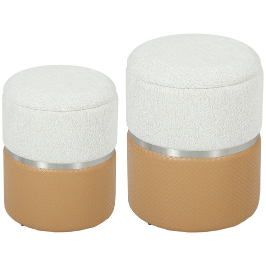 HOMCOM Nesting Round Ottoman with Storage Set of 2 - Cream/Brown