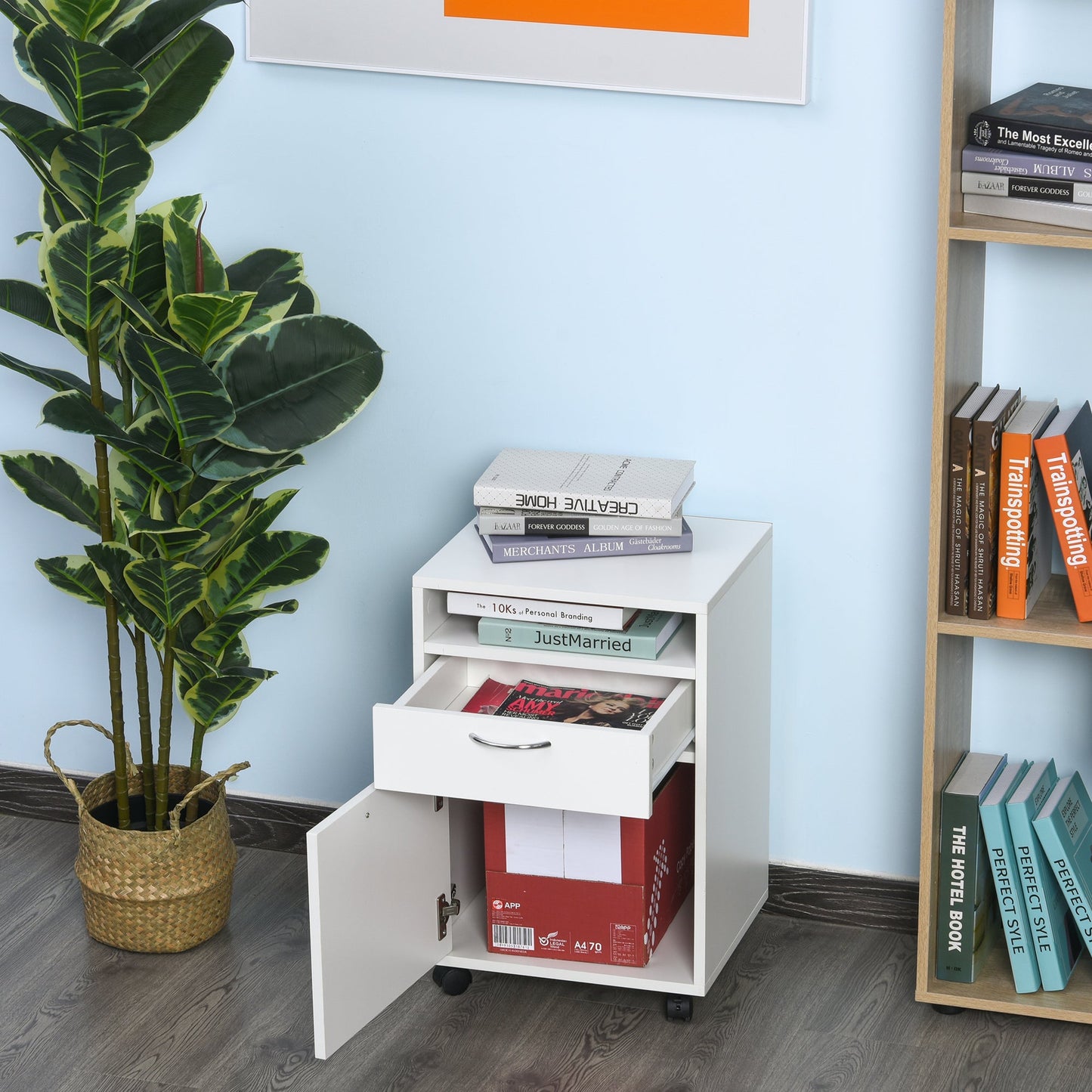 HOMCOM 60cm Storage Cabinet with Drawer, Open Shelf, Metal Handles and 4 Wheels, Office Home Organiser Mobile Printer, White