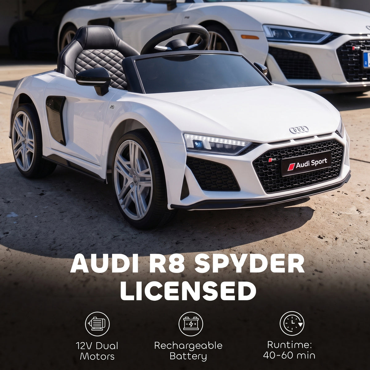AIYAPLAY Licensed Audi R8 Spyder 12V Electric Car for Kids with Remote Control, Dual Motors, Rear Suspension, Soft Start, White