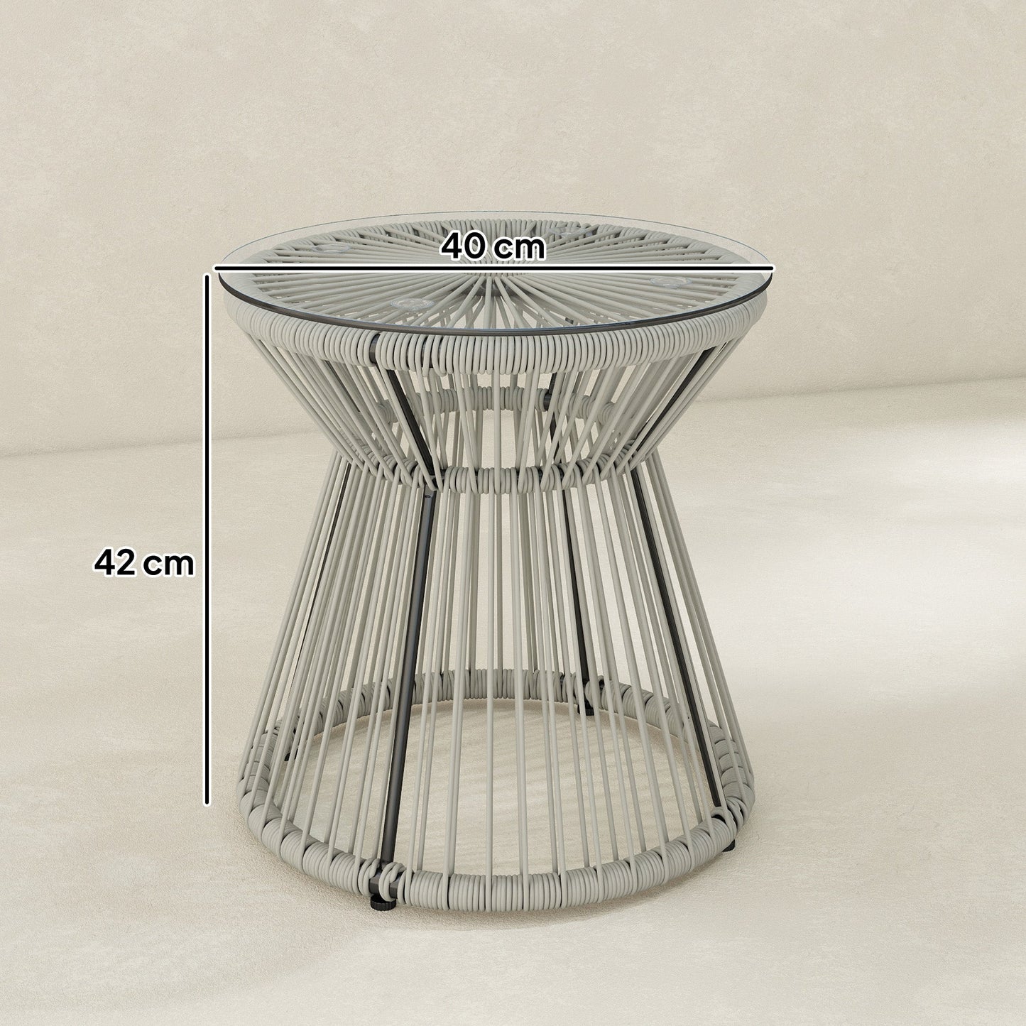 Outsunny Rattan Outdoor Coffee Table, PE Rattan Wicker Bistro Side Table with Tempered Glass Top, Light Grey