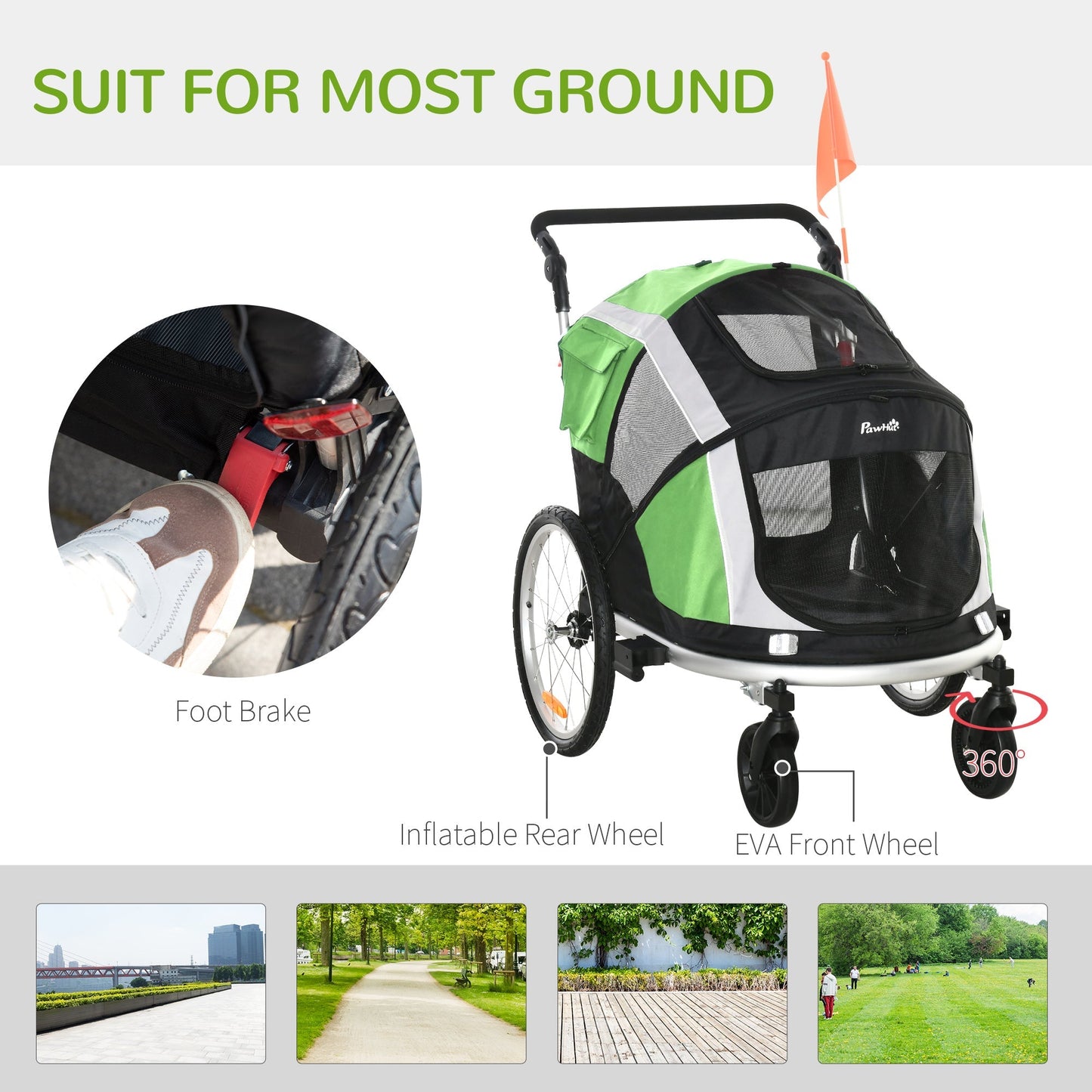 PawHut Dog Bike Trailer 2-in-1 Pet Stroller for Large Dogs Cart Foldable Bicycle Carrier Aluminium Frame with Safety Leash Hitch Coupler Flag Green