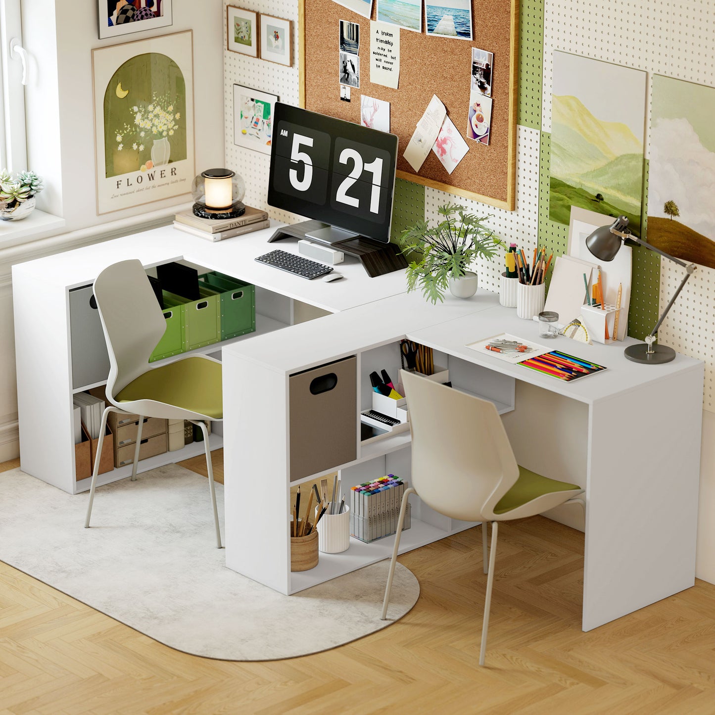 HOMCOM Corner Desk, Computer Desk with Fabric Drawer and Open Compartments, 110 x 100 x 75 cm, White