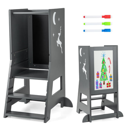 Toddler Kitchen Stool Helper Baby Standing Tower with Chalkboard and Whiteboard-Gray