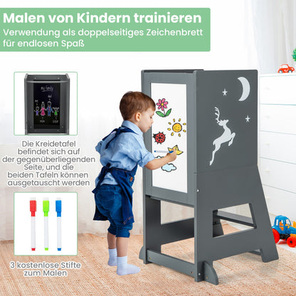 Toddler Kitchen Stool Helper Baby Standing Tower with Chalkboard and Whiteboard-Gray