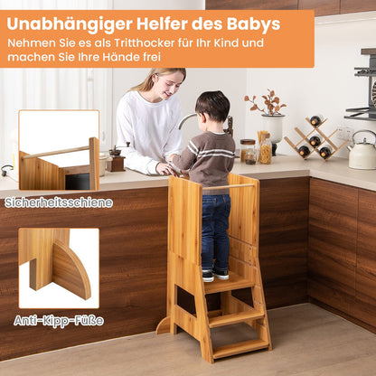 Toddler Kitchen Stool Helper with Chalkboard and Whiteboard-Natural