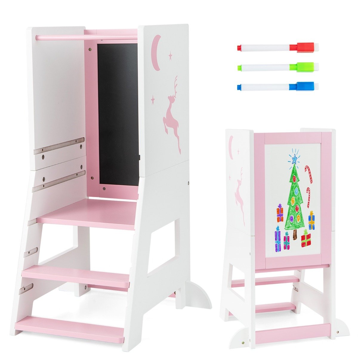 Toddler Kitchen Stool Helper Baby Standing Tower with Chalkboard and Whiteboard-Pink