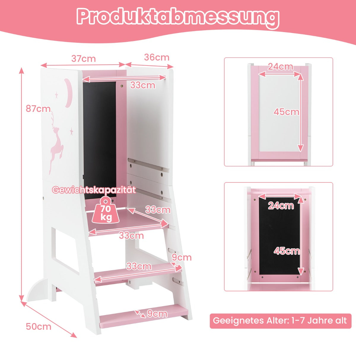 Toddler Kitchen Stool Helper Baby Standing Tower with Chalkboard and Whiteboard-Pink