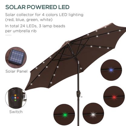 Outsunny 2.7m Garden 24 LED Light Parasol Solar Outdoor Tilt Sun Umbrella Patio Club Party Event Manual Sun Shade w/ Hand Crank and 8 Ribs, Brown
