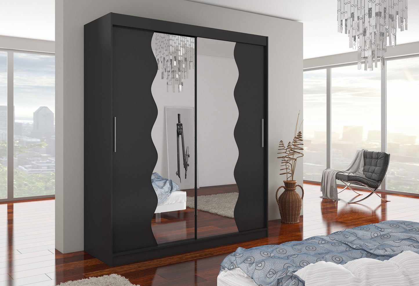 Kamil Mirrored 2-Door Sliding Wardrobe 180cm - Black, Brown or Sonoma Oak