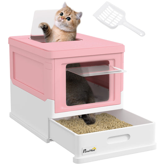 PawHut Hooded Cat Litter Box, przenośna toaleta dla zwierząt, z łopatką, wejście z przodu - różowa