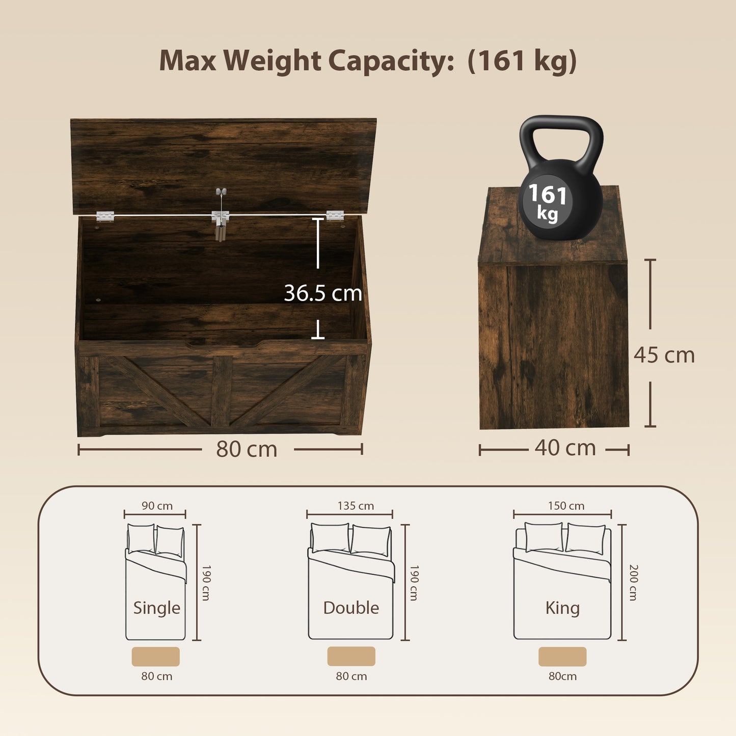 HOMCOM 100L Home Storage Box, with Safety Hinge - Rustic Brown Wood-Effect
