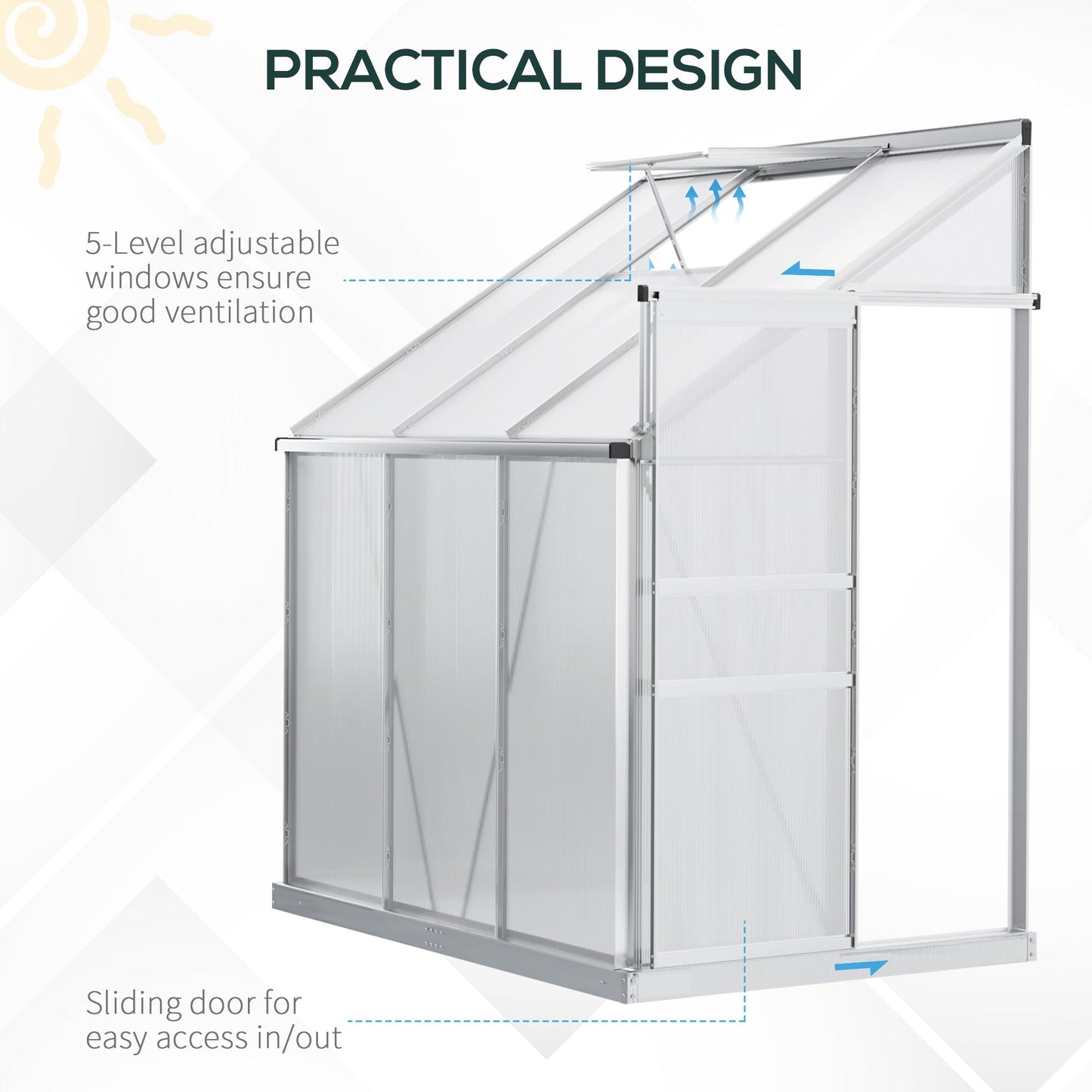 Outsunny Walk-In Greenhouse Lean to Wall Polycarbonate Garden Greenhouse with Adjustable Roof Vent, Rain Gutter and Sliding Door, 6 x 4 ft